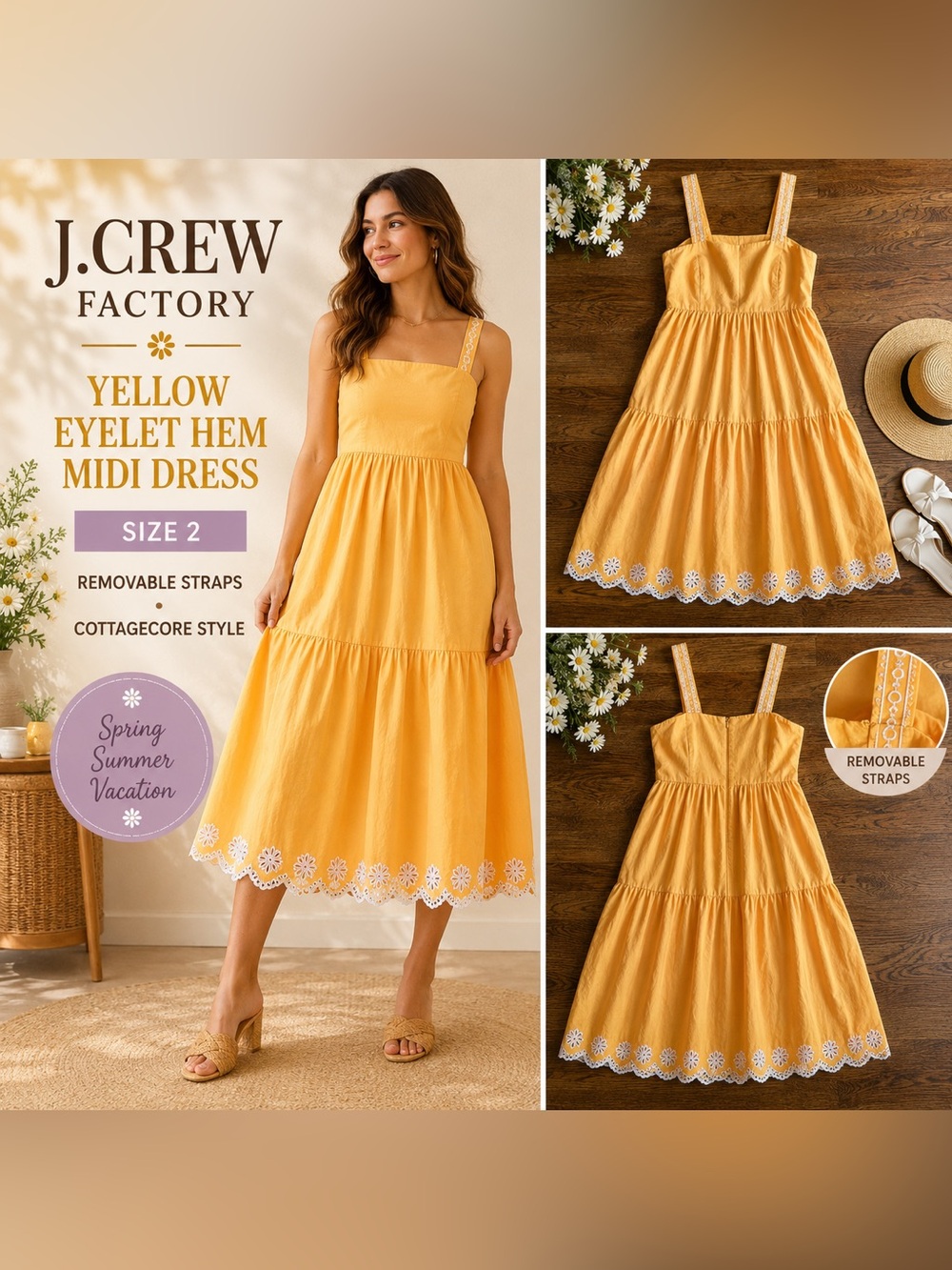 J.Crew Factory Eyelet HemMidi Dress Size 2 Cottagecore Coastal Grandmother